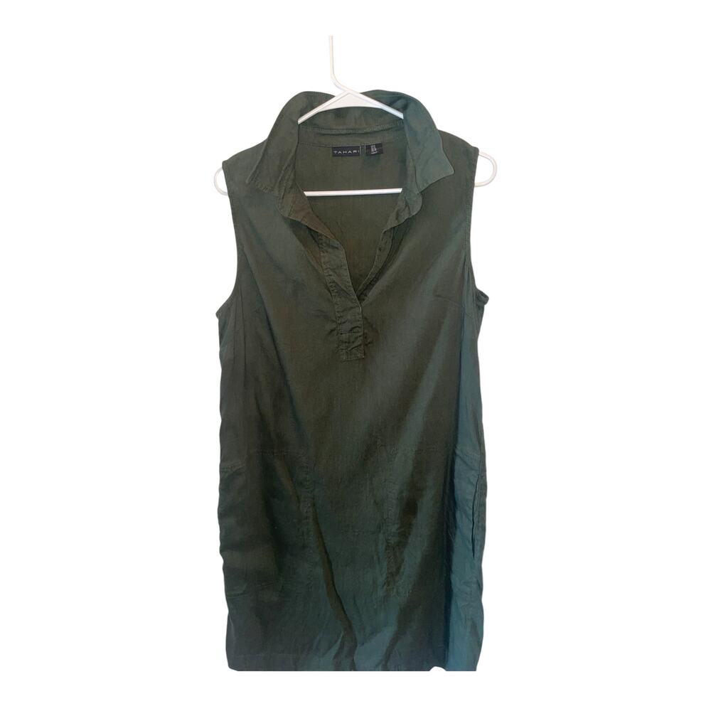 Tahari Linen Olive Green Sleeveless Shirt Dress Sz 6:  EUC